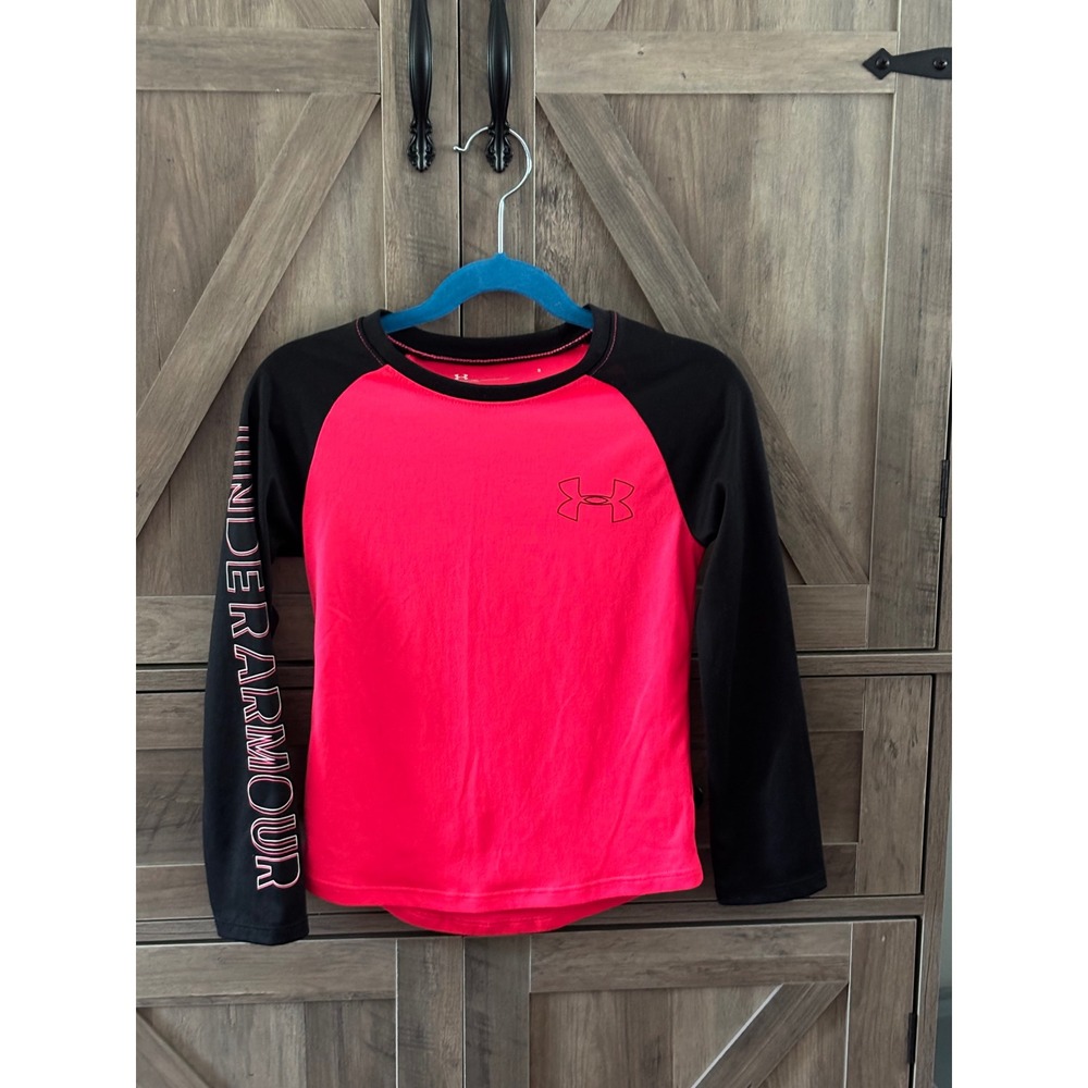 Under Armour Girls Pink Black Raglan Long Sleeve Performance Shirt Size 55